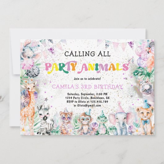 Party Dierensafari Wilde Dieren Meisje Verjaardag Kaart (Voorkant)