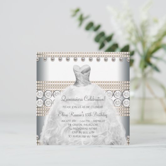 Party Dress Goud en Wit Quinceanera Uitnodigingen (Staand voorkant)