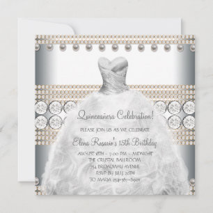 Party Dress Goud en Wit Quinceanera Uitnodigingen