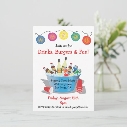 Party Drinken Uitnodiging met wijn, frisdrank en b (Staand voorkant)