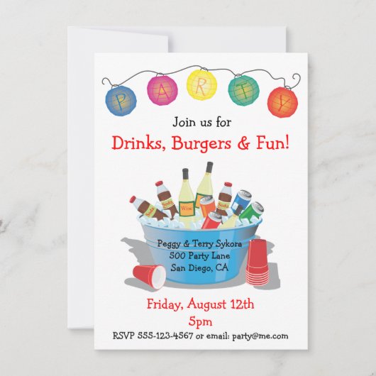 Party Drinken Uitnodiging met wijn, frisdrank en b (Voorkant)