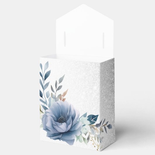 Party Dusty Blue Waterverf Flowers Silver Elegant Bedankdoosjes (Geopend)