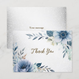 Party Dusty Blue Waterverf Flowers Silver Elegant Bedankkaart