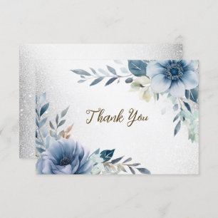 Party Dusty Blue Waterverf Flowers Silver Elegant Bedankkaart