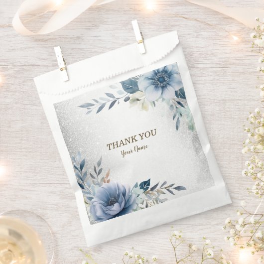 Party Dusty Blue Waterverf Flowers Silver Elegant Bedankzakje (Geknipt)