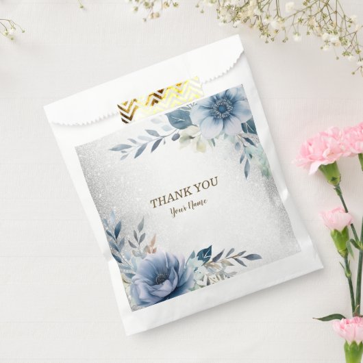 Party Dusty Blue Waterverf Flowers Silver Elegant Bedankzakje (Gezegeld)