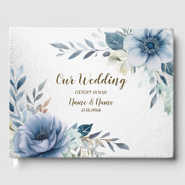 Party Dusty Blue Waterverf Flowers Silver Elegant Gastenboek