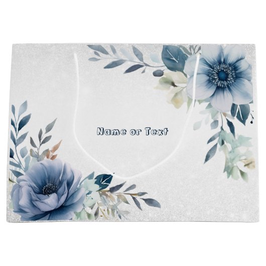 Party Dusty Blue Waterverf Flowers Silver Elegant Groot Cadeauzakje (Voorkant)