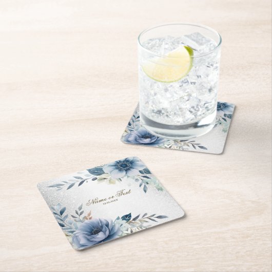 Party Dusty Blue Waterverf Flowers Silver Elegant Kartonnen Onderzetters (Insitu)