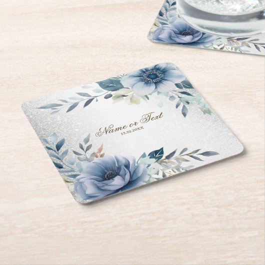 Party Dusty Blue Waterverf Flowers Silver Elegant Kartonnen Onderzetters (Schuin)
