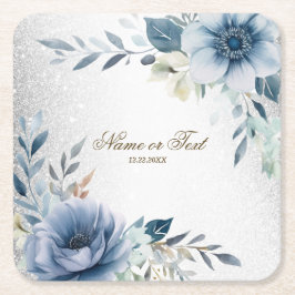 Party Dusty Blue Waterverf Flowers Silver Elegant Kartonnen Onderzetters