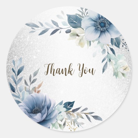 Party Dusty Blue Waterverf Flowers Silver Elegant Ronde Sticker (Voorkant)