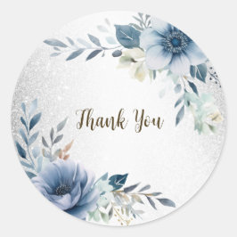 Party Dusty Blue Waterverf Flowers Silver Elegant Ronde Sticker