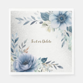 Party Dusty Blue Waterverf Flowers Silver Elegant Servet