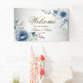 Party Dusty Blue Waterverf Flowers Silver Elegant Spandoek (Insitu)