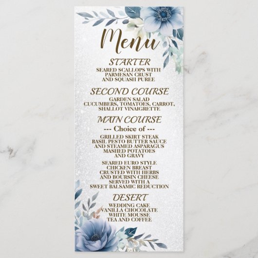 Party Dusty Blue Waterverf Flowers Silver Shiny Menu (Voorkant)