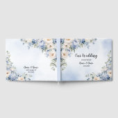 Party Dusty Blue Waterverf Ivoren Bloemen Bladeren Gastenboek (Volledig)