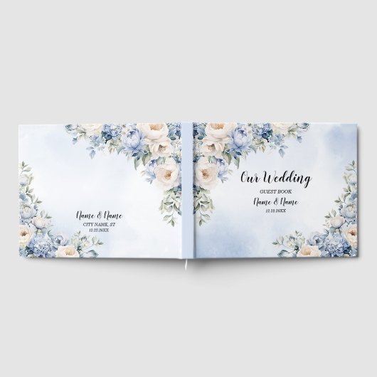 Party Dusty Blue Waterverf Ivoren Bloemen Bladeren Gastenboek (Volledig)