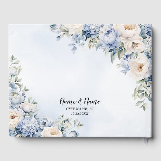 Party Dusty Blue Waterverf Ivoren Bloemen Bladeren Gastenboek (Achterkant)