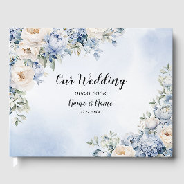 Party Dusty Blue Waterverf Ivoren Bloemen Bladeren Gastenboek