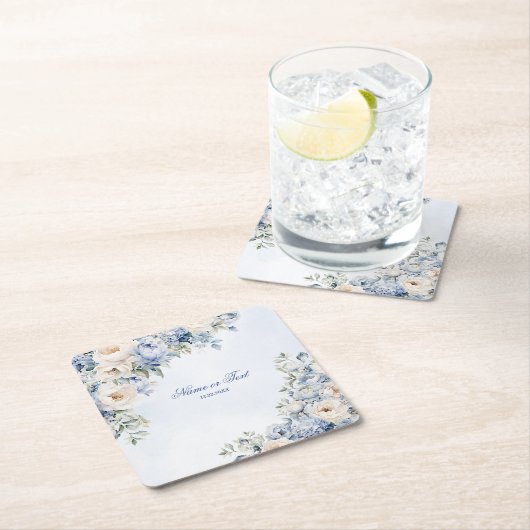 Party Dusty Blue Waterverf Ivoren Bloemen Bladeren Kartonnen Onderzetters (Insitu)