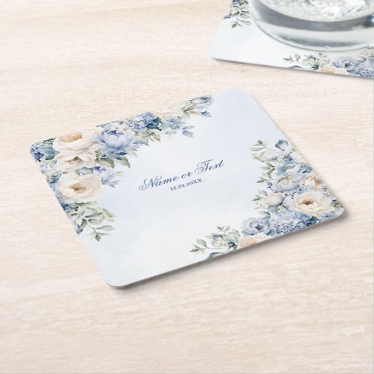 Party Dusty Blue Waterverf Ivoren Bloemen Bladeren Kartonnen Onderzetters (Schuin)