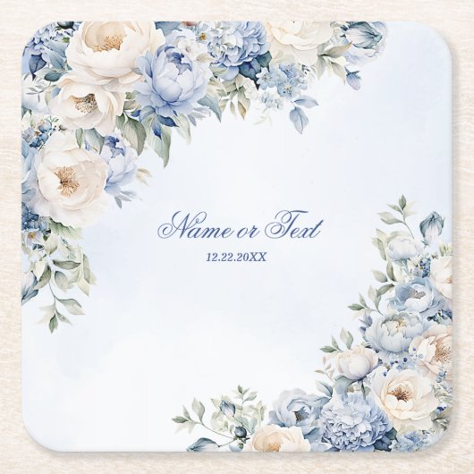 Party Dusty Blue Waterverf Ivoren Bloemen Bladeren Kartonnen Onderzetters (Voorkant)