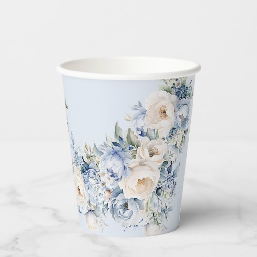 Party Dusty Blue Waterverf Ivoren Bloemen Bladeren Papieren Bekers (Achterkant)