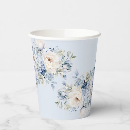 Party Dusty Blue Waterverf Ivoren Bloemen Bladeren Papieren Bekers (Links)