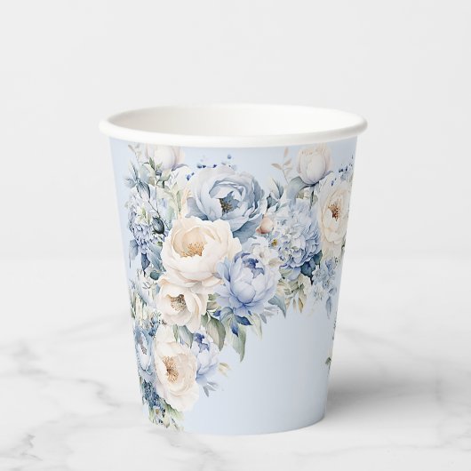Party Dusty Blue Waterverf Ivoren Bloemen Bladeren Papieren Bekers (Voorkant)