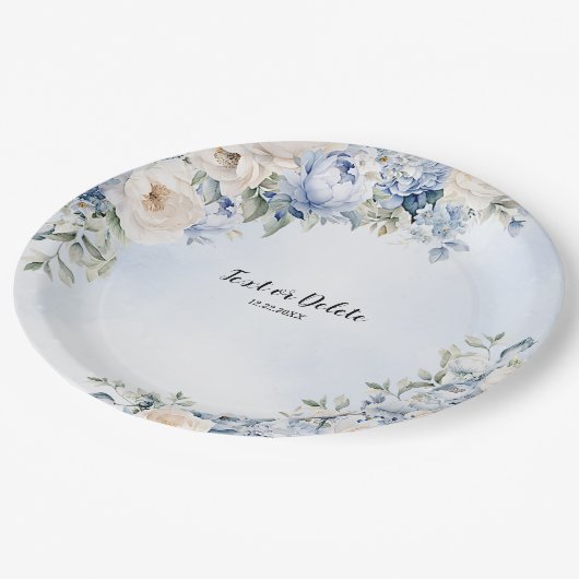Party Dusty Blue Waterverf Ivoren Bloemen Bladeren Papieren Bordje (Gekanteld)