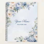 Party Dusty Blue Waterverf Ivoren Bloemen Bladeren Planner (Voorkant)