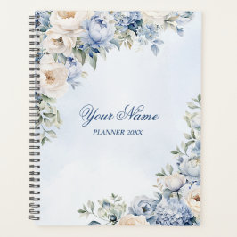Party Dusty Blue Waterverf Ivoren Bloemen Bladeren Planner