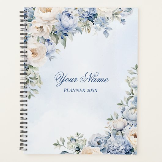 Party Dusty Blue Waterverf Ivoren Bloemen Bladeren Planner (Voorkant)