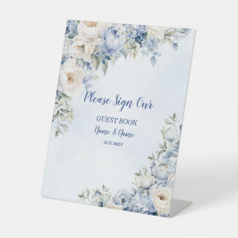 Party Dusty Blue Waterverf Ivoren Bloemen Bladeren Reclamebord Met Voetstuk