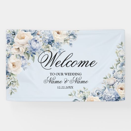 Party Dusty Blue Waterverf Ivoren Bloemen Bladeren Spandoek (Horizontaal)