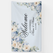 Party Dusty Blue Waterverf Ivoren Bloemen Bladeren Spandoek (Verticaal)