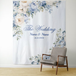 Party Dusty Blue Waterverf Ivoren Bloemen Bladeren Wandkleed