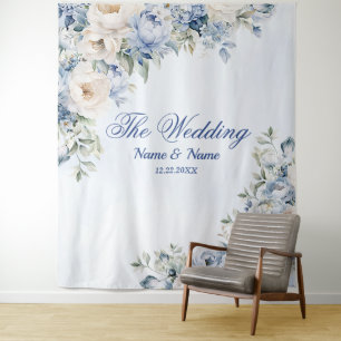 Party Dusty Blue Waterverf Ivoren Bloemen Bladeren Wandkleed