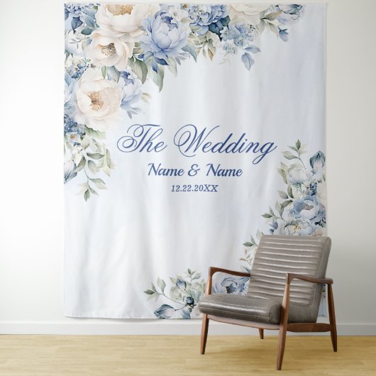 Party Dusty Blue Waterverf Ivoren Bloemen Bladeren Wandkleed (In situ)