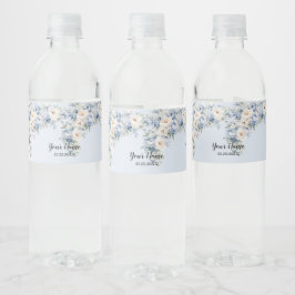 Party Dusty Blue Waterverf Ivoren Bloemen Bladeren Waterfles Etiket