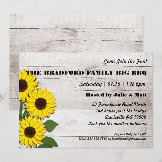 Party Event Zonnebloemen Rustieke Uitnodigingen (Voorkant / Achterkant)
