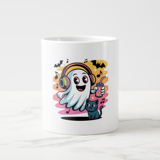 Party Ghost with Cat Cute Halloween Cartoon  Grote Koffiekop (Voorkant)