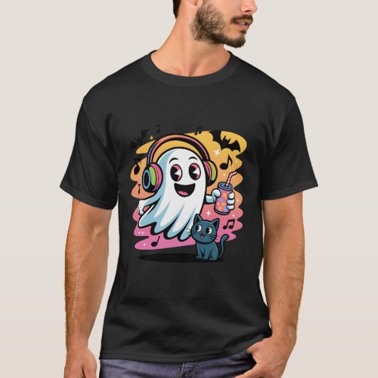 Party Ghost with Cat Cute Halloween Cartoon T-shirt (Voorkant)
