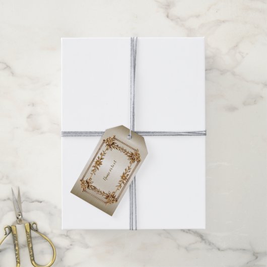 Party Gold  Rechthoek Dimond Flowers Shiny Cadeaulabel (Met Touw)