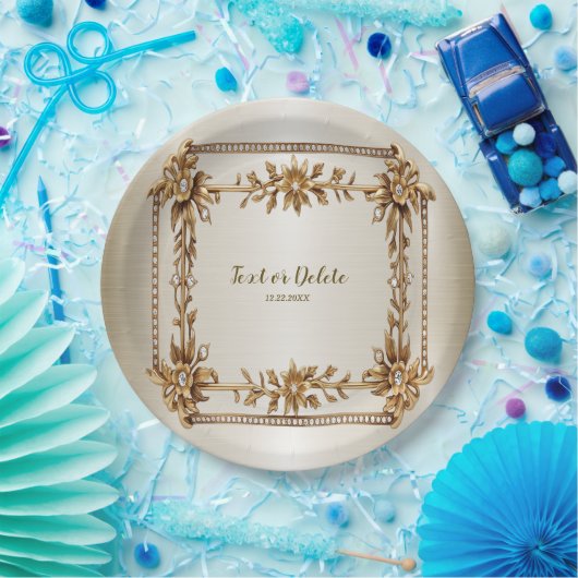 Party Gold  Rechthoek Dimond Flowers Shiny Papieren Bordje (Feest)