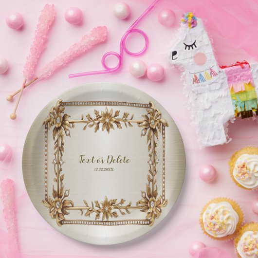 Party Gold Rechthoek Dimond Flowers Shiny Papieren Bordje (Feest)
