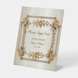 Party Gold  Rechthoek Dimond Flowers Shiny Reclamebord Met Voetstuk