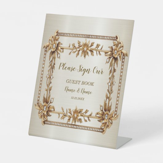 Party Gold Rechthoek Dimond Flowers Shiny Reclamebord Met Voetstuk (Voorkant)