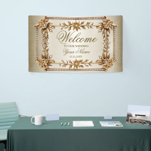 Party Gold Rechthoek Dimond Flowers Shiny Spandoek (Beurs)